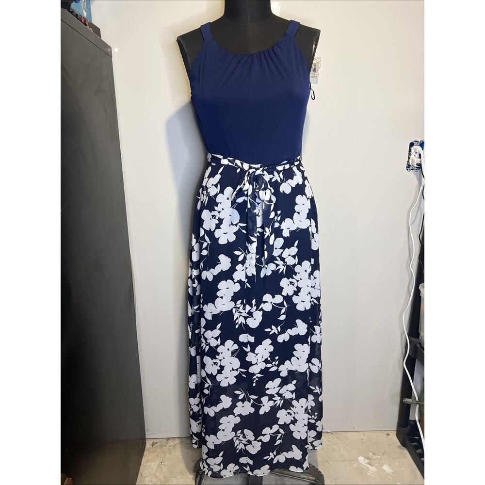 Robbie Bee Navy Floral Maxi Tank Dress Medium‎ Summer Cocktail Wedding